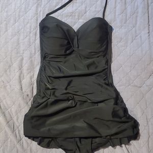 Black ruched bandeau halter one piece